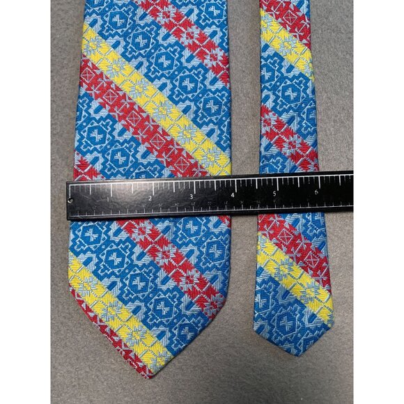 Vintage Towncraft Silk Mens Tie Blue Red Yellow Geometric Stripes Necktie - Picture 2 of 5